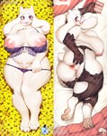 2024 anthro anus big_breasts big_butt boss_monster_(undertale) bovid bra breasts butt caprine clothing dakimakura dakimakura_design digital_media_(artwork) eyewear female fur genitals glasses goat hi_res horn krokobyaka lace lace_bra lingerie looking_at_viewer lying mammal mature_anthro mature_female nipple_dip nipples on_back overweight overweight_female pussy red_eyes smile solo spread_butt spreading tail thick_thighs toriel undertale undertale_(series) underwear white_body white_fur