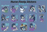 absurd_res anthro beads brace canid canine canis clothing english_text eyewear fangs female fleety_(artist) fleety_(character) glasses hair_beads herm_(lore) hi_res horn mammal mohawk moods nurse nurse_clothing nurse_fleety_(character) nurse_uniform piercing red_eyes scar scrubs sticker teeth text uniform valkwulf wolf