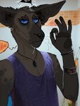 0ct0m0n0 3:4 anthro big_ears blue_clothing blue_eyes blue_topwear brown_body brown_fur canid clothed clothing draw_over front_view fur gesture glistening glistening_eyes half-length_portrait hand_gesture jewelry looking_at_viewer male mammal mouth_closed necklace ok_sign portrait pupils slit_pupils solo topwear