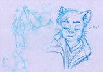 anthro bust_portrait clothing ear_piercing eyebrows eyes_closed felid feline hi_res jacket male mammal marcie_montis open_mouth piercing portrait reclining scar sketch solo text thick_eyebrows topwear traditional_media_(artwork) unnamed_character whiskers