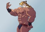 abs absurd_res animal_head anthro balls biceps big_muscles bulge clothing felid for_a_head furious_(artist) genitals grey_background guin guin_saga hi_res humanoid leopard looking_at_hand male mammal muscular muscular_anthro muscular_male nipples pantherine pecs simple_background solo standing thong underwear vein veiny_muscles