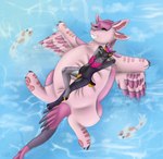 anthro avali avian belly duo fish hi_res inflatable latex lying male male/male marine on_back outside pond pool_toy pooltoy_transformation relaxing roadkill_(ormond2001) samuelwolfo smile squeak squeaking summer swimming teeth water waterscape wings zavi_(z-grate)