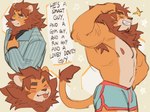 anthro biped brown_mane clothed clothing countershade_torso countershading english_text eyebrows eyes_closed felid hemuchang hi_res lion male mammal mane muscular muscular_anthro muscular_male pantherine ryker_(rykerlion) smile solo text tongue tongue_out topless topless_anthro topless_male