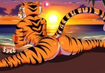 anthro beach bikini bikini_thong biped camel_toe clothed clothing dreamworks felid female flexible fur kung_fu_panda looking_at_viewer looking_back looking_back_at_viewer mammal master_tigress orange_body orange_fur pantherine raydonxd shrimp_(food) smile solo splits spread_legs spreading striped_body stripes sunset swimwear thick_thighs tiger two-piece_swimsuit