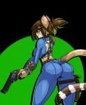 2018 anthro big_breasts big_butt breasts butt butt_focus clothing domestic_cat eyewear fallout felid feline felis female glasses gun hair helia_peppercats hi_res jumpsuit limebreaker mammal microsoft pip-boy ponytail pose ranged_weapon side_boob solo tail tight_clothing vault_suit weapon wrist_computer