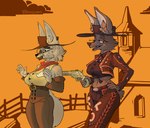 absurd_res anthro canid canine chaps clothed clothing cowboy duo female gun handgun hat headgear headwear hi_res kerchief mammal neckerchief ranged_weapon revolver simple_background titanogoro weapon