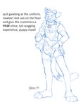 2022 anthro big_collar biped blue_line_art blue_monochrome clean_diaper clothed clothing collar colored_line_art diaper digital_drawing_(artwork) digital_media_(artwork) dog_costume domestic_cat dress embarrassed english_text fake_dog_ears felid feline felis foxehhyz guide_lines hi_res humiliation long_tail male mammal monochrome name_tag offscreen_character simple_background sketch solo tail text uniform wearing_diaper white_background