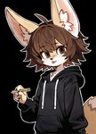 ambiguous_gender anthro black_background black_clothing black_hoodie black_topwear blep brown_body brown_eyes brown_fur brown_hair canid canine clothing fennec_fox fox fur gatoasti hair hi_res hoodie inner_ear_fluff looking_at_viewer mammal multicolored_body multicolored_fur pencil_(object) simple_background solo tongue tongue_out topwear true_fox tuft white_body white_fur