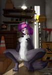 2016 3d_background 4_toes a-frame_sign anthro arched_back black_nose blue_eyes blush bodily_fluids breasts canid canine canis clitoris collar crouching digital_media_(artwork) erect_nipples exposure_variation facial_markings feet female front_view fur genital_fluids genitals grey_body grey_fur ground_sign hair hand_on_breast head_markings hi_res holding_breast inside mammal marblesoda markings messy nipples nude ponytail presenting presenting_pussy purple_hair pussy sign sign_graphic solo spread_legs spreading syrth toes tongue tongue_out traffic_cone vaginal_fluids warning_sign wet_floor_sign wolf