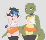 anthro blue_eyes bottomwear clothed clothing collar crocodile crocodilian crocodylid crossdressing dolphin_shorts domestic_pig duo ear_piercing femboy femboy_hooters green_body gynomorph hand_on_hip hands_behind_head hi_res highlights_(coloring) hotpants intersex legwear looking_at_viewer looking_back makeup male male/male mammal piercing pink_body raised_arms reptile scalie shirt shorts silvershield88 suid suina sus_(pig) tank_top thigh_highs topwear yellow_eyes