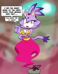 absurd_res anthro big_breasts blaze_the_cat blurred_background bra breasts clothing dialogue domestic_cat english_text eyebrows felid feline felis female genie hi_res looking_at_viewer magic_lamp mammal monamania raised_eyebrow sega solo sonic_the_hedgehog_(series) text underwear