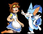 5:4 alpha_channel anthro blue_body blue_fur blush brown_hair buizel canid canine clothed clothing colored dress duo eyewear female fox fur gender_transformation generation_4_pokemon hair human kipaki kneeling magic maid_uniform male mammal mid_transformation mtf_transformation nintendo orange_body orange_fur pokemon pokemon_(species) simple_background smile species_transformation sunglasses surprised_expression transformation transparent_background uniform