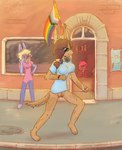 absurd_res anthro background_character being_watched black_nose bodily_fluids body_hair bottomless breasts cassandra_(funkybun) clothed clothing djannetur ear_piercing ears_up electronics exhibitionism exposed eyewear female genitals happy_trail headphones hi_res hybrid hyena jogging jullet_(djannetur) lgbt_pride lgbt_pride_month looking_at_another mammal outside pantsless piercing pride_color_flag pride_colors pubes pubes_exposed public pussy running shirt smug_face spotted_hyena summer sunglasses sweat sweatdrop t-shirt tail topwear trans_(lore) trans_woman_(lore)