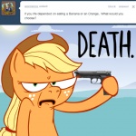 1:1 applejack_(mlp) ask_jappleack blonde_hair clothing cloud dialogue earth_pony english_text equid equine female feral friendship_is_magic green_eyes gun hair handgun hasbro hat headgear headwear holding_gun holding_object holding_ranged_weapon holding_weapon horse hotdiggedydemon looking_at_viewer mammal my_little_pony outside pistol pony ranged_weapon sky solo sun text tumblr weapon