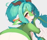 2024 anthro areola blush breasts cropped cute_fangs digital_media_(artwork) dragon eastern_dragon fang_(nyamoriri) female female_anthro green_body green_hair hair hi_res horn kemono looking_at_viewer looking_back looking_back_at_viewer mythological_creature mythological_scalie mythology nipples nude nyamoriri red_eyes scalie side_boob small_breasts solo tail white_body