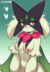 2024 anthro azoomer breasts felid feline female front_view fur generation_9_pokemon green_body green_fur heart_symbol hi_res looking_at_viewer mammal medium_breasts meowscarada nintendo nipples pokemon pokemon_(species) smile solo tan_nipples