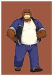 2023 5_fingers 5_toes >:( absurd_res anthro bear black_bear black_nose blue_bottomwear blue_clothing blue_jacket blue_pants blue_topwear border bottomwear brown_background brown_body brown_fur cheek_tuft chest_markings clothing colored countershade_snout countershading facial_tuft feet fingers footwear fur hand_on_hip hi_res jacket juuichi_mikazuki male mammal markings moon_bear morenatsu pants rolled_up_sleeves sandals shirt shoes simple_background slightly_chubby slightly_chubby_anthro slightly_chubby_male snout solo takichizento tan_body tan_countershading tan_fur tank_top toes topwear tuft ursine white_border white_clothing white_shirt white_tank_top white_topwear