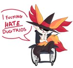 absurd_res anthro braixen clothing dialogue disability english_text female generation_6_pokemon genitals hat headgear headwear hi_res magic_user nintendo pokemon pokemon_(species) ponporio pussy solo text vehicle wheelchair witch witch_hat