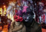 anthro blurred_background canid canine canis clothing duo female gloves hair handwear hug jacket leather leather_clothing leather_jacket leather_topwear male mammal night snow techiesxc topwear wolf