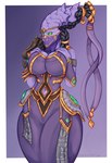 absurd_res big_breasts blizzard_entertainment breasts clothing diamoreting female green_eyes hi_res humanoid looking_at_viewer navel protoss simple_background solo starcraft thick_thighs vorazun wide_hips