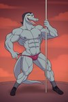 2:3 abs anthro biceps clothing cloud dancing dark_hair disney dusk hi_res lizard male muscular neck_muscles nipples pecs pole pole_dancing quads red_clothing red_thong red_underwear reptile scalie septarian smile solo star_vs._the_forces_of_evil tail teeth thong toffee_(svtfoe) triceps underwear undressing_self xun4 yellow_eyes