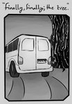 absurd_res car comic desert digital_media_(artwork) english_text greyscale halcyon_(series) hi_res lost_andsafe medium_truck monochrome not_furry outside plant simple_background sky text tree truck_(vehicle) van vehicle zero_pictured