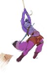 alibastaire anthro black_tail bottomwear clothed clothing dipstick_tail fur hi_res looking_up male markings open_mouth oselotti purple_body purple_eyes purple_fur purple_tail red_bottomwear red_clothing signature simple_background socama solo tail tail_markings topless white_background