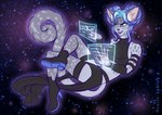 anthro blue_hair clothed clothing cyberpunk deity felid feline female footwear fur hacking hair magic mammal markings oracle_sphinx shoes solo spots spotted_body spotted_fur tail