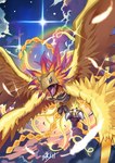 bandai_namco blue_eyes claws detailed_background digimon digimon_(species) feathers feet feral flying hi_res hououmon kou_glass_seed mask ring sharp_teeth sky skyscape solo talons teeth toes wings yellow_body yellow_feathers