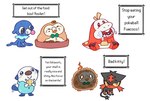 absurd_res ambiguous_gender bodily_fluids burnt cat_food chewing dialogue_box doodlelot english_text feral fire food fuecoco generation_5_pokemon generation_7_pokemon generation_9_pokemon group hi_res litten narration nintendo oshawott pet_food pokeball pokemon pokemon_(species) popplio rowlet saliva tail tail_motion tailwag text wounded