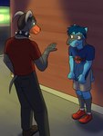 3:4 alley anthro anthrofied bottomwear clothed clothing collar duo footwear fully_clothed fuze generation_2_pokemon generation_4_pokemon hi_res houndoom logan_(fuze) looking_at_another male nervous_smile night nintendo outside pants pokemon pokemon_(species) pokemorph riolu shirt shoes shorts socks spiked_collar spikes t-shirt topwear