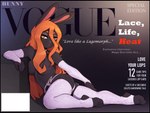 2022 4:3 anthro armwear black_body black_border black_fur border breasts clothing collar conditional_dnp cover english_text female female_anthro fur garter_straps hair hi_res lagomorph leporid magazine_cover mage_bun_(niking) mammal orange_hair pudgeruffian rabbit solo stirrup_stockings text vogue_(magazine) yellow_eyes