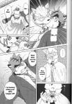 5_fingers anthro bed blood bodily_fluids cloak clothing comic countershading dialogue english_text eyewear felid fingers forced forced_kiss fruitz fur furniture goggles hair hi_res inner_ear_fluff inside kemono kiss_on_lips kissing male mammal monochrome necktie open_mouth profanity suit surprise_kiss text tuft