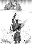 ambiguous_gender anthro armor black_white body_horror canid canine canis carrying_another carrying_partner comic digital_media_(artwork) domestic_dog equid equine fire flamethrower group headgear helmet hi_res horse human larger_male male mammal military monochrome ranged_weapon size_difference smoke soldier tail techiesxc trio warrior weapon weapon_tail wire world_war_1