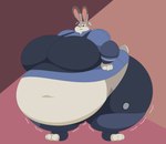 2019 anthro belly big_belly big_breasts big_cheeks black_eyebrows black_nose blue_bottomwear blue_clothing blue_pants blue_shirt blue_topwear bodily_fluids bottomwear breasts buckteeth cel_shading chubby_cheeks clothing colored digital_media_(artwork) disney eyebrows female grey_body grey_ears grey_tail hi_res huge_belly huge_breasts huge_thighs hyper hyper_belly hyper_breasts hyper_thighs judy_hopps lagomorph leporid mammal morbidly_obese morbidly_obese_anthro morbidly_obese_female motion_lines navel obese obese_anthro obese_female open_mouth overweight overweight_anthro overweight_female pants pink_background pink_inner_ear pink_mouth pink_tongue police police_uniform purple_eyes rabbit scut_tail shaded shirt short_tail simple_background solo sweat sweatdrop tail tan_background teeth thick_thighs tongue topwear two-ton-neko uniform zootopia