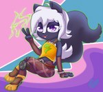 anthro belt biped black_body black_fur clothed clothing cosplay cristalyzed female fur gesture hair hand_gesture hi_res mammal mephitid open_mouth purple_eyes samantha_(bateryne) shirt simple_background sitting skunk skunk_tail solo tail topwear v_sign white_body white_fur white_hair