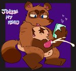 animal_crossing anthro balls bodily_fluids body_hair brown_body brown_fur canid canine cum cumshot ejaculation electronics fur genital_fluids genitals male mammal masturbation minimal_shading nintendo nude penile penile_masturbation penis phone procyonid purple_background raccoon raccoon_dog simple_background solo tanuki theinternetizkillz tom_nook_(animal_crossing)