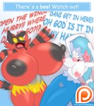 2017 anthro anthrofied areola arthropod bee big_breasts black_areola black_nipples breast_size_difference breasts comic_sans dark_areola dark_nipples dialogue duo english_text female generation_7_pokemon genitals huge_breasts humor hymenopteran hyper hyper_breasts incineroar insect lysergide motion_blur nintendo nipples non-mammal_breasts patreon patreon_logo patreon_username pokemon pokemon_(species) pokemorph prilly_(lysergide) primarina pussy scared terror text tits_(lysergide) url website_logo