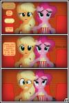 absurd_res applejack_(mlp) bite biting_lip biting_own_lip blonde_hair blue_eyes comic duo earth_pony equid equine female feral friendship_is_magic green_eyes gutovi-kun hair hasbro hi_res horse mammal my_little_pony pink_hair pinkie_pie_(mlp) pony self_bite