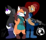 absurd_res alpha_channel android anthro boots bottomwear brown_body brown_fur brown_hair canid canine clothing empty_eyes female fluffy fluffy_tail footwear fox fur green_eyes group gun hair hi_res human laser_gun looking_at_another looking_at_viewer looking_back looking_back_at_another machine macy male mammal nova_(animatedjames) orange_body orange_fur pants ranged_weapon red_hair robot robot_anthro shirt shoes shorts smile ssecrets151 tail talon_(animatedjames) teeth tongue tongue_out topwear trio unknown_species weapon white_body white_fur