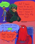 anthro avian beak bird clothing comic dialogue don't_hug_me_i'm_scared duck_guy_(dhmis) english_text feathers glistening_eyelids green_body green_feathers group hi_res human humanoid jacket lidded_eyes male mammal mullet overalls red_guy_(dhmis) scar smile speech_bubble teeth tendonart text toothed_beak topwear trio yellow_guy_(dhmis)