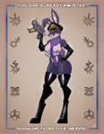 anthro astra_militarum breasts chaos_cultist commissar digital_drawing_(artwork) digital_media_(artwork) female fur genitals gun hi_res imperial_guard lagomorph leporid mammal mostly_nude multi_breast nipples nude_female pattern_background poster purple_body purple_fur pussy rabbit ranged_weapon simple_background solo stogiegoatarts warhammer_(franchise) weapon