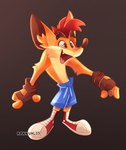 2022 activision anthro artist_name bandicoot biped blue_bottomwear blue_clothing blue_pants bottomwear brown_inner_ear brown_nose clothed clothing crash_bandicoot crash_bandicoot_(series) cute_fangs eyebrows fangs fingerless_gloves footwear fur gloves green_eyes hair handwear hi_res inner_ear_fluff long_ears male mammal marsupial mohawk open_mouth open_smile orange_body orange_fur pants rakkun13 red_clothing red_footwear red_hair red_shoes shoes simple_background smile solo teeth topless topless_anthro topless_male tuft