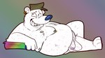 absurd_res anthro balls bear belly bi-polar_bear_(queer_duck) bodily_fluids body_hair chest_hair clothing conditional_dnp digital_media_(artwork) dripping ear_piercing ear_ring fur genital_fluids genitals hairy hat hat_only headgear headgear_only headwear headwear_only hellfurred hi_res humanoid_genitalia leather leather_hat leather_headgear leather_headwear male mammal mostly_nude nipple_piercing nipples overweight overweight_anthro overweight_male penis piercing polar_bear precum precum_drip queer_duck_(series) ring_piercing saggy_balls simple_background smile solo ursine