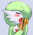 blush bodily_fluids burger drooling eyes_closed female food gardevoir generation_3_pokemon green_body green_skin holding_food holding_object horn licking low_res mammal mcdonald's nintendo not_furry pokemon pokemon_(species) saliva solo third-party_edit tongue tongue_out unknown_artist