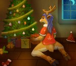 antlers biped blue_hair christmas clothed clothing cloven_hooves countershade_face countershade_fur countershade_legs countershade_neck countershading deer exposure_variation female fengyue680 fingers fur hair hi_res holidays hooves horn mammal new_world_deer partially_clothed rear_view reindeer scut_tail shaded short_tail solo tail tan_body tan_fur white_body white_countershading white_fur