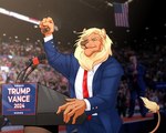 2024 5:4 5_fingers alternate_species anthro biped black_claws blonde_eyebrows blonde_mane blue_eyes claws clothed clothing donald_trump electronics english_text eyebrows felid fingers fist furrification group hi_res human krampusmadart lion lol_comments male mammal mane mature_anthro mature_male microphone necktie pantherine photo_background photography_(artwork) podium politics raised_fist raised_hand real_world red_necktie smile suit tail text