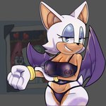 1:1 anthro bat big_breasts blue_eyes bracelet breasts brown_body cleavage clothed clothing crop_top eulipotyphlan eyeshadow female fur gloves grin handwear hi_res jewelry makeup mammal nickelodeon nicole_chees nipples patrick_star photo_background photography_(artwork) rouge_the_bat sega shirt smile solo sonic_the_hedgehog_(series) spongebob_squarepants tail thong topwear translucent translucent_clothing underwear white_body white_fur wings