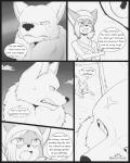 4:5 angry anthro canid canine canis chakka_(s2-freak) cheek_tuft cherry_(s2-freak) clothing cloud comic dialogue english_text facial_tuft female feral fox fur group hair hat headgear headwear hi_res macro male mammal monochrome s2-freak schwarzpelz sibling_(lore) sky speech_bubble star text tuft wolf