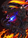 3:4 abs absurd_res anthro blue_fire claws clive_rosfield colored_fire demon elemental_creature final_fantasy final_fantasy_xvi fire fire_creature headgear hi_res horn ifrit_(final_fantasy) ifrit_(final_fantasy_xvi) male open_mouth pecs scalie simple_background solo square_enix upper_body